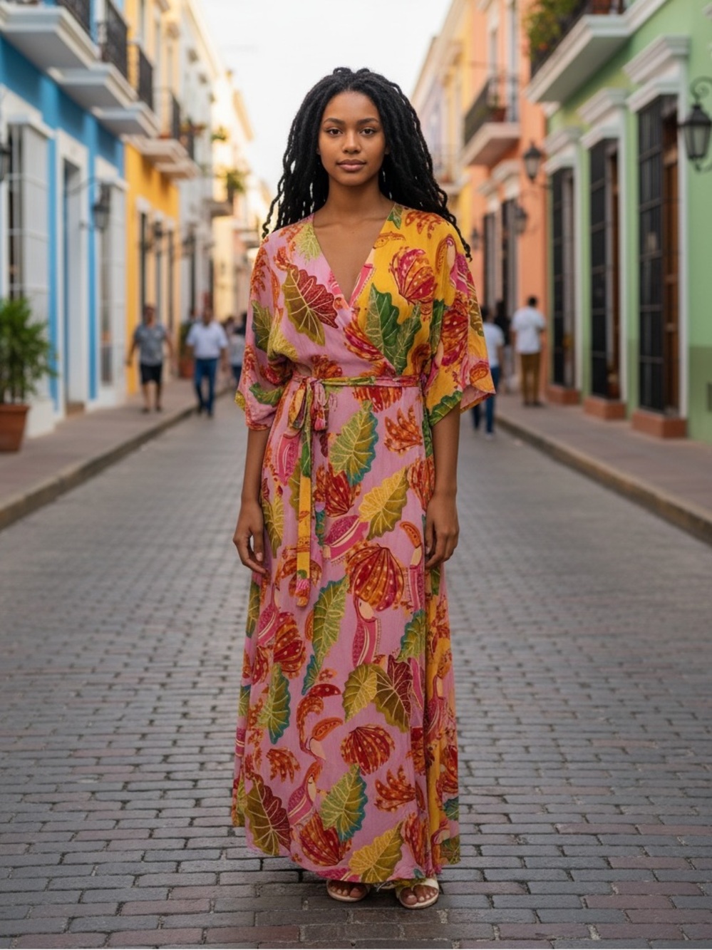 Farm Rio Short Sleeved Tropical & Bird Print Purple & Yellow Maxi Wrap Dress XS